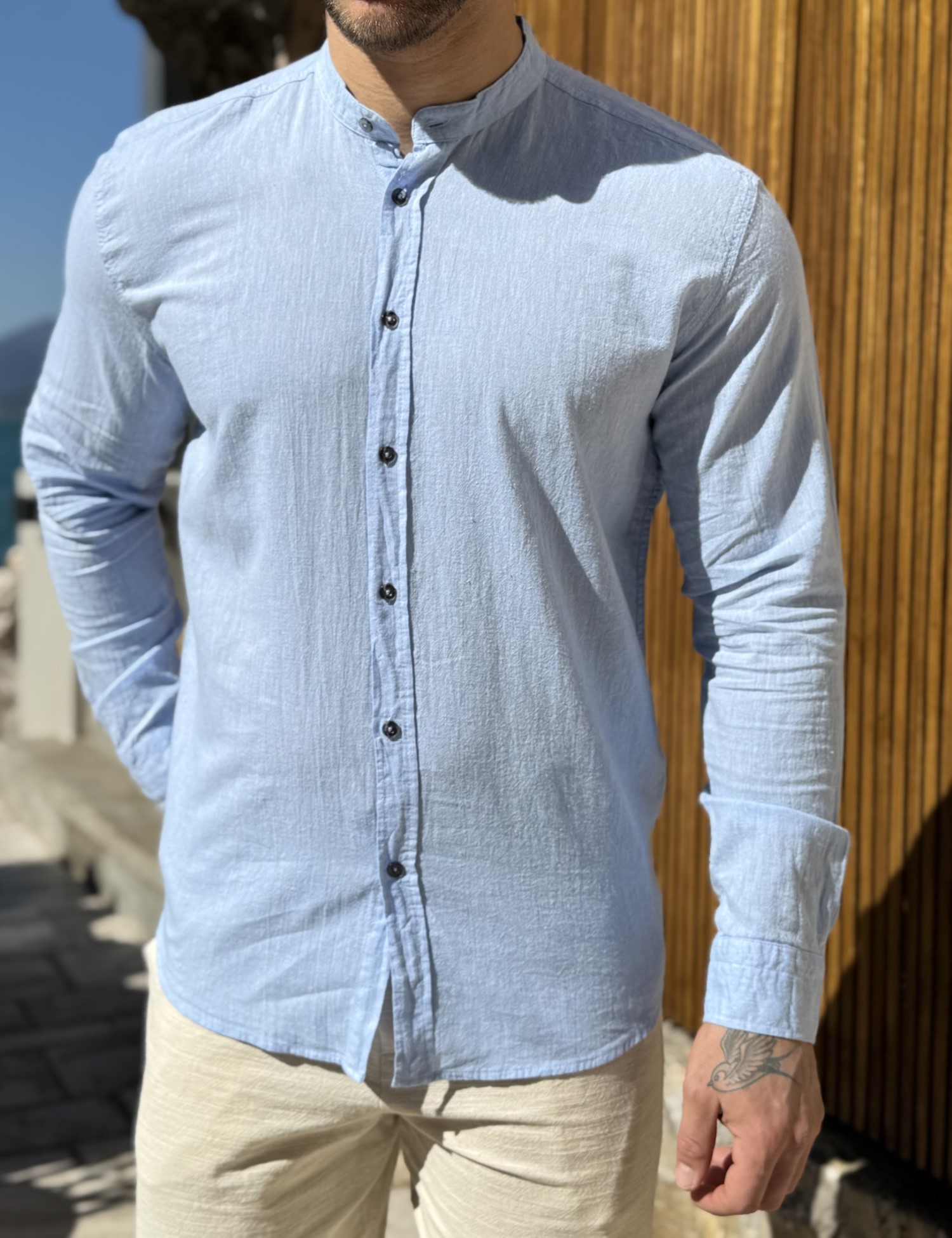 Ανδρικό λινό σιέλ πουκάμισο με μάο γιακά 9663S